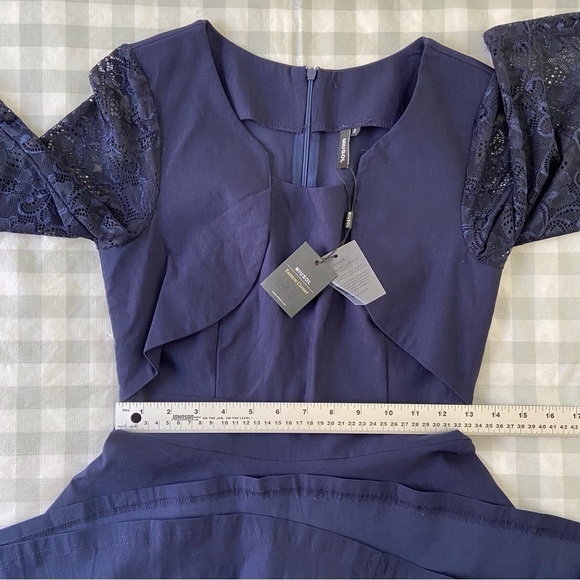 Miusol dress navy blue lace 3/4 sleeves stretchy A-Line midi small fit & flare - Picture 13 of 16